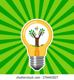 Ecology concept with light bulb with green rays. Eco energy abstract flat vector illustration.