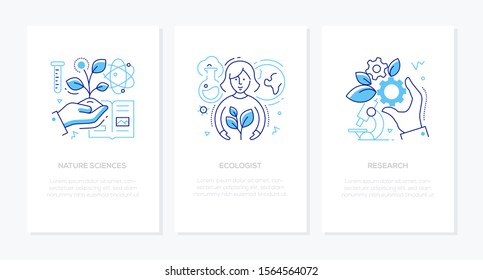 Ecology concept - line design style banners set Thin linear illustrations with place for your text. Nature sciences, ecologist, research icons with a female specialist, microscope, plants and flasks