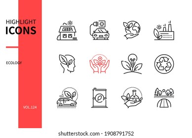 Ecology concept - line design style icons set. Eco lifestyle and environment conservation idea. Low energy house, electro car, save the planet, recycling, global research, wildlife research symbols