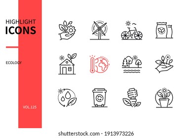 Ecology concept - line design style icons set. Environment conservation idea. Green technology, wind power, eco fertilizer, global warming, circulation of water, waste sorting, energy saving, upgrowth