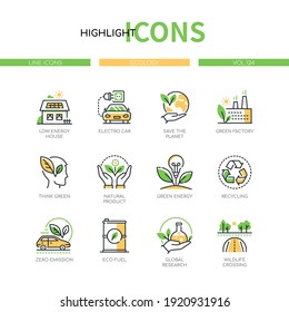 Ecology Concept - Line Design Style Icons Set. Eco Lifestyle And Environment Conservation Idea. Low Energy House, Electro Car, Save The Planet, Recycling, Global Research, Wildlife Research Symbols