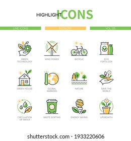 Ecology concept - line design style icons set. Environment conservation idea. Green technology, wind power, eco fertilizer, global warming, circulation of water, waste sorting, energy saving, upgrowth