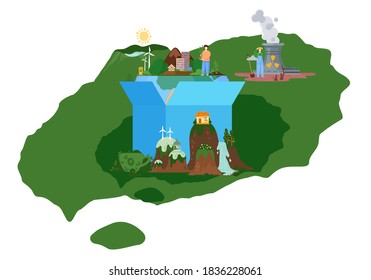 Ecology concept, little people prepare for the day of the Earth, save the planet, save energy, the hour of the Earth. Characters take care about planet ecology, remove garbage and plant trees