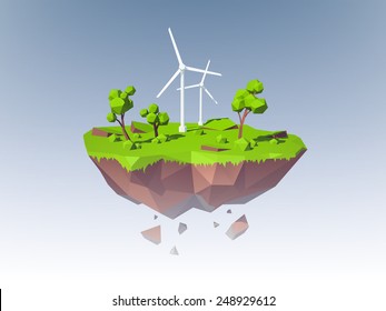 Ecology concept with low poly island with windmills trees and grass vector illustration