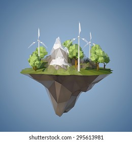 Ecology concept with low poly island with windmills trees, mountains and grass 