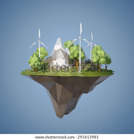 Ecology Concept Low Poly Island Windmills Stock Vector 