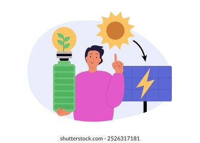 Ecology concept in modern flat design for web. Man using clean green and renewable energy with solar panels generator station and recharging battery for save nature resources. Vector illustration.