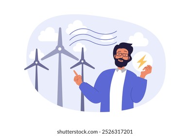 Ecology concept in modern flat design for web. Man with eco friendly lifestyle and environment mindset using clean green and renewable energy with wind turbines generator station. Vector illustration.