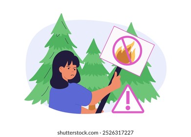 Conceito de ecologia em design plano moderno para web. Mulher combate incêndios florestais, tentando salvar ecossistema de madeira com faixa de aviso com sinal de Parar incêndios florestais. Ecológico e sustentabilidade. Ilustração vetorial.