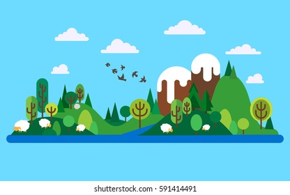 Ecology concept in modern flat style. Land with green hills and mountains. Green lifestyle.