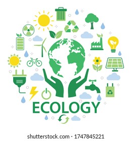 ecology concept with natural elements on white background. vector illustration modern flat design. sustainable environment connect. hand holdings up green world. save energy the earth development.