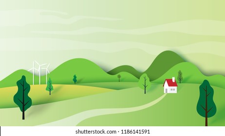 Ecology Concept And Nature Landscape Scenery With House And Mountains Paper Art Style Design.Vector Illustration.