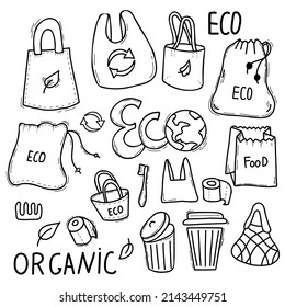 Ecology Concept. No Plastic, Organic, Eco Friendly Approach, Trash Cans And Planet Earth, Paper And Eco Bags. Set Of Linear Icons Style Vector Illustration Doodle Drawing Isolated On White Background