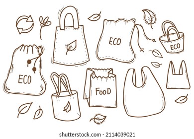 Concepto de ecología No hay plástico ni material orgánico. conjunto de bolsas ecológicas naturales y bolsas de papel para comestibles. ilustración vectorial. Dibujos de mano lineales en estilo doodle aislados en fondo blanco