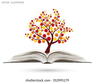 Ecology concept, Orange paper tree growing from an open book, Vector illustration modern design template