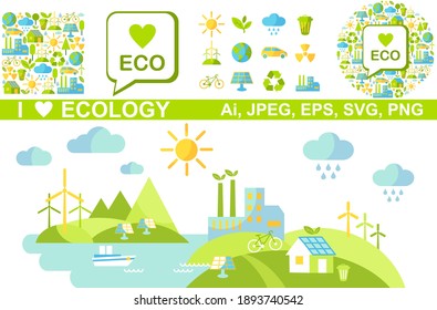 Ecology concept panoramic landscape with green city on earth.
Vector illustration Energy ideas save the world concept green socket. 
Landscape with buildings, trasport and nature ecology elements 