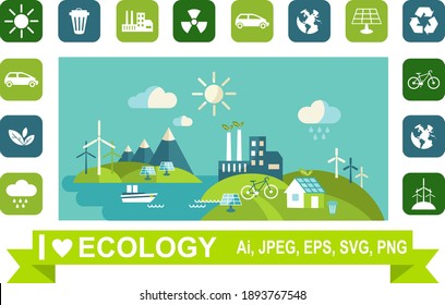 Ecology concept panoramic landscape with green city on earth.
Vector illustration Energy ideas save the world concept green socket. 
Landscape with buildings, trasport and nature ecology elements 