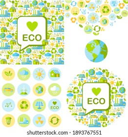 Ecology concept panoramic landscape with green city on earth.
Vector illustration Energy ideas save the world concept green socket. 
Landscape with buildings, trasport and nature ecology elements 