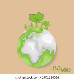 Ecology concept. Paper cut of family and tree on green background. Vector illustration.