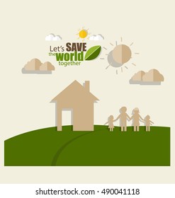 Ecology concept. Paper cut of family and tree on green background. Vector illustration.