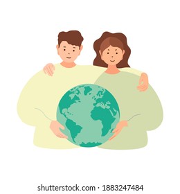Ecology concept people hold and hugging the earth. Man and woman take care about planet. Vector earth day concept. Saving planet illustration. Protect nature banner.
