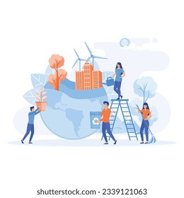 Ecology concept. People are preparing for the holiday, saving the planet, World Environment Day. flat vector modern illustration