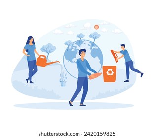  Ecology concept. People are preparing for the holiday, saving the planet, World Environment Day.  flat vector modern illustration 