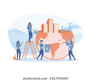  Ecology concept. People are preparing for the holiday, saving the planet, World Environment Day.  flat vector modern illustration