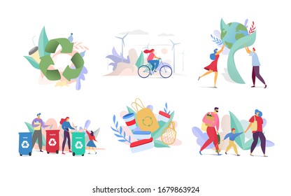 Ecology concept with people sorting waste, use bag and reusable dishes on ecological vector illustration isolated on white. Man, women in environment with zero waste. Eco life organic, nature set.