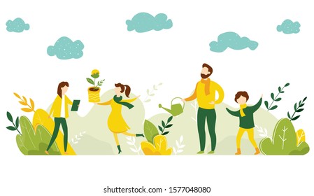 Ecology concept. People take care about planet ecology. Protect nature and ecology banner. Earth day. Family plant trees in city park. Vector illustration