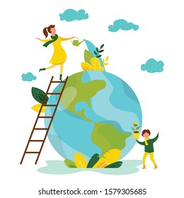 Ecology Concept. People Take Care About Planet Ecology. Protect Nature And Ecology Banner. Earth Day. Globe With Trees, Plants And Volunteer People. Vector Illustration