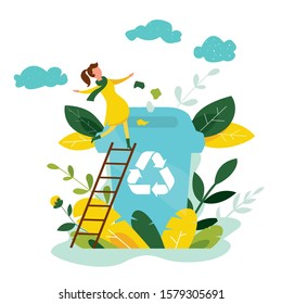 Ecology concept. People take care about planet ecology. Protect nature and ecology banner. Earth day. Garbage container with trees, plants and volunteer people. Vector illustration