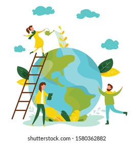 Ecology concept. People take care about planet ecology. Protect nature and ecology banner. Earth day. Globe with trees, plants and volunteer people. Vector illustration