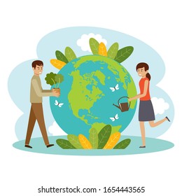 Ecology concept. People take care about planet. Protect nature. Earth day. Globe with plants and volunteer people. Vector illustration