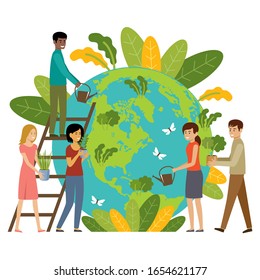  Ökologie-Konzept. Die Menschen kümmern sich um den Planeten. Schutz der Natur. Earth Day. Globe mit Pflanzen und Freiwilligen. Vektorillustration