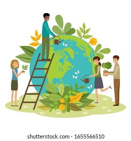 Ecology concept. People take care about planet. Protect nature. Earth day. Globe with plants and volunteer people. Vector illustration