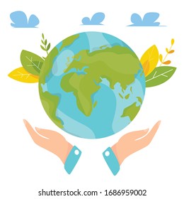 Ecology concept. People take care about planet ecology. Protect nature and ecology banner. Earth day.  Earth globe in hands. Vector illustration.
