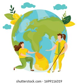 Ecology concept. People take care about planet ecology. Protect nature and ecology banner. Earth day. Globe with trees, plants and volunteer people. Vector illustration