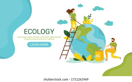 Ecology concept. People take care about planet ecology. Protect nature and ecology banner. Earth day Globe with trees plants and volunteer. Vector illustration. Web template for internet sites headers