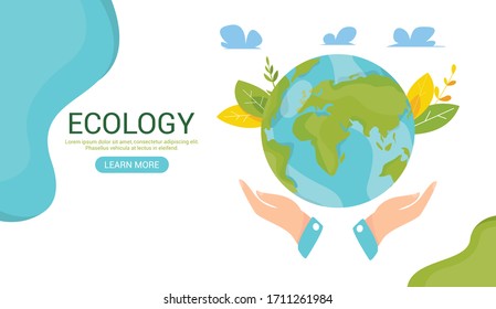 Ecology concept. People take care about planet ecology. Protect nature and ecology banner. Earth day Globe with trees plants and volunteer. Vector illustration. Web template for internet sites headers