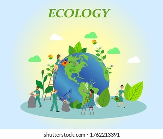 Ecology concept. People take care about planet ecology. Protect nature and ecology banner. Earth day Globe with trees plants and volunteer. Vector illustration. Web template for internet sites headers