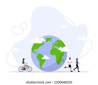Ecology concept. People take care about planet ecology. Protect nature and ecology banner. Earth day Globe with trees plants and volunteer.
