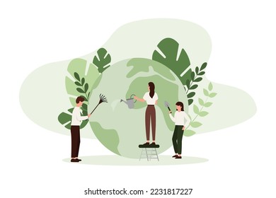Ecology concept. People take care about planet ecology. Cleaning, green planting and watering. Environmental gardening and food farming around globe. People save green planet environment