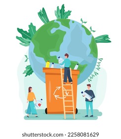 Ecology concept. People take care of planet ecology. Protect nature and ecology banner. Earth day. Globe with trees, plants and volunteer people.