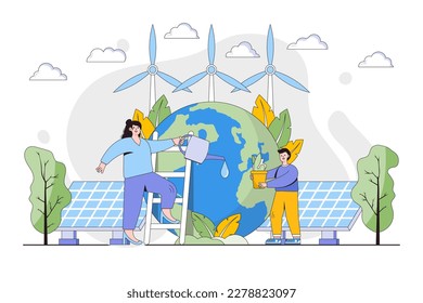 Ecology concept. People take care about planet and protect nature. Environmental and earth day vector cartoon illustration for landing page, web banner, hero images.