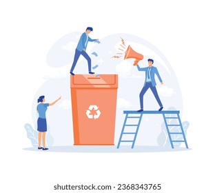 Ecology concept, People take care about planet ecology. Earth day. Garbage container with trees, plants and volunteer, flat vector modern illustration