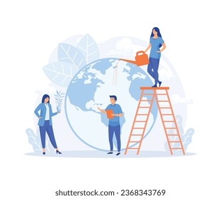 Ecology concept. People take care about planet ecology. Protect nature and ecology, Earth day. Globe with trees, plants and volunteer people. flat vector modern illustration
