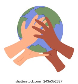 Ecology concept. People take care about planet ecology. Protect nature and ecology banner. Earth day. Earth globe in hands. Vector illustration.