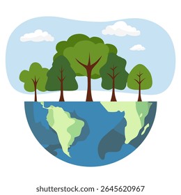 Ecology concept. People take care about planet. Protect nature. Earth day. Globe with plants and volunteer people. Vector illustration