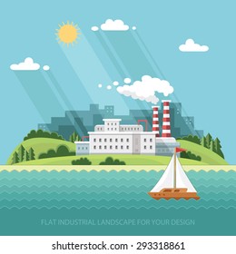 Ecology Concept - Plant - Factory near the river against the background of the city. Flat style vector illustration.
